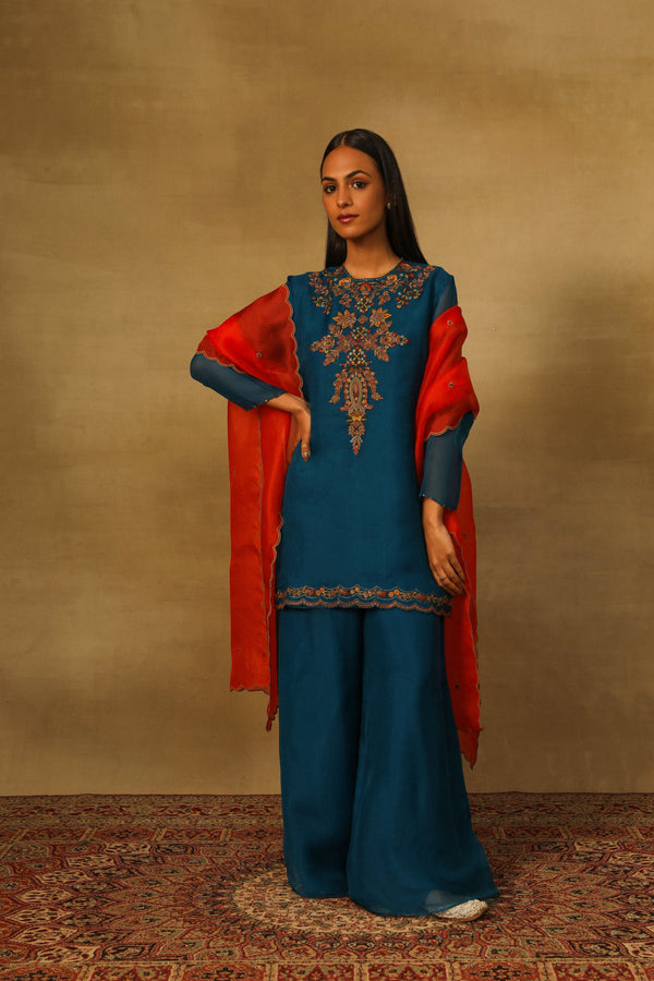 Teal Blue Short Kurta with Flared Pants/Sharara Set