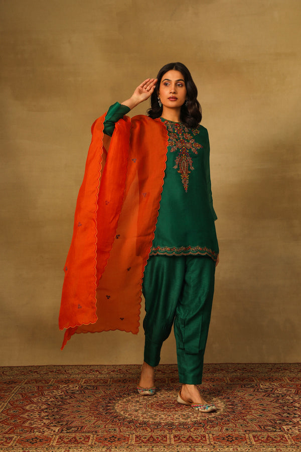 Green Short Kurta with Pleated Pants