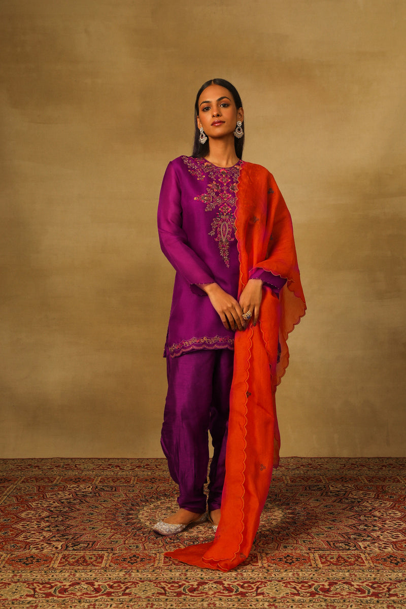 Purple short kurta with silk pleated pants