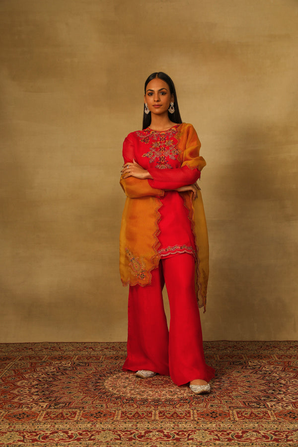 Red Short Kurta with Flared Pants/Sharara Set