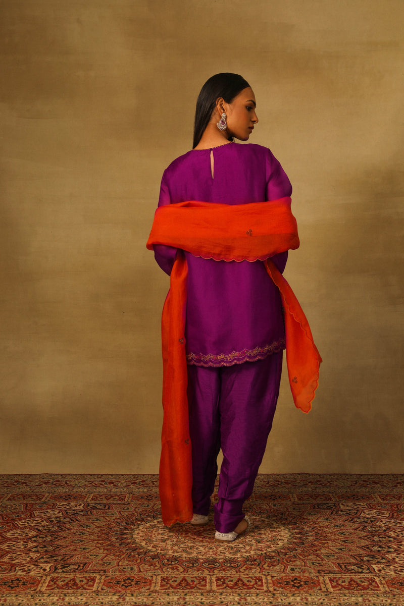 Purple short kurta with silk pleated pants