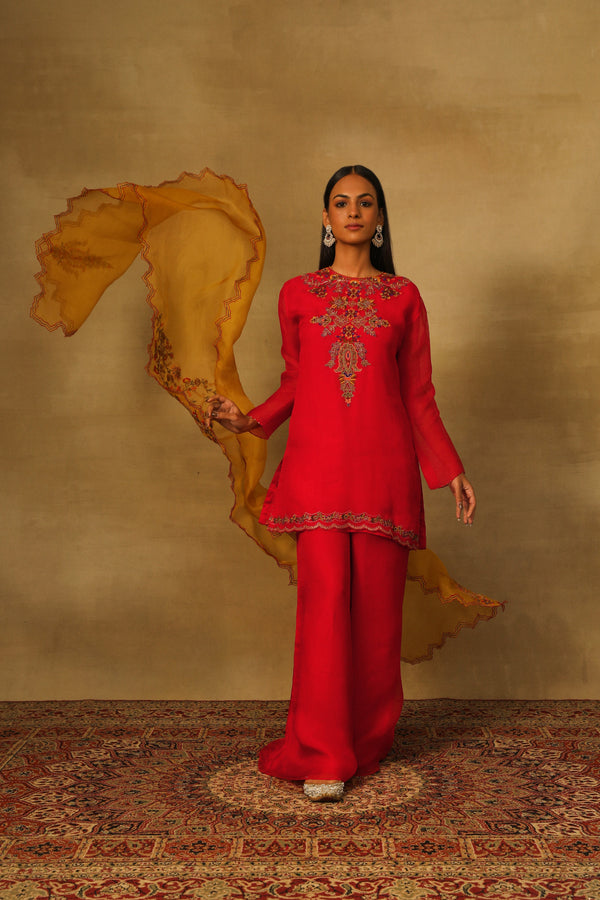 Red Short Kurta with Flared Pants/Sharara Set