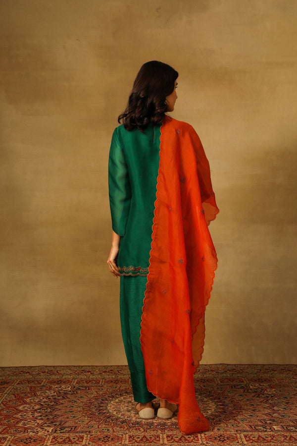 Green Short Kurta with Pleated Pants