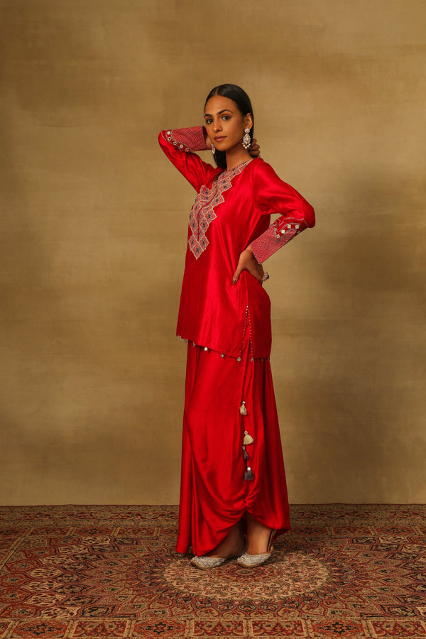 Red TW Short kurta with lungi Skirt