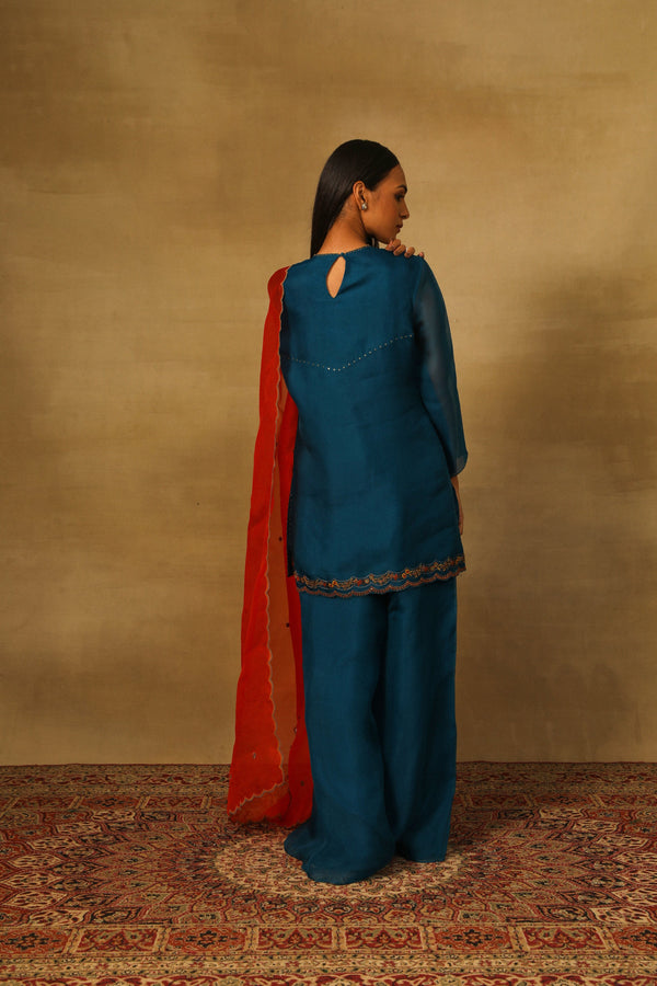 Teal Blue Short Kurta with Flared Pants/Sharara Set