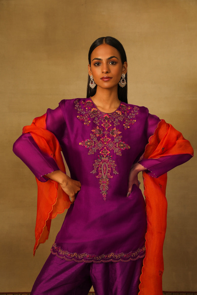 Purple short kurta with silk pleated pants