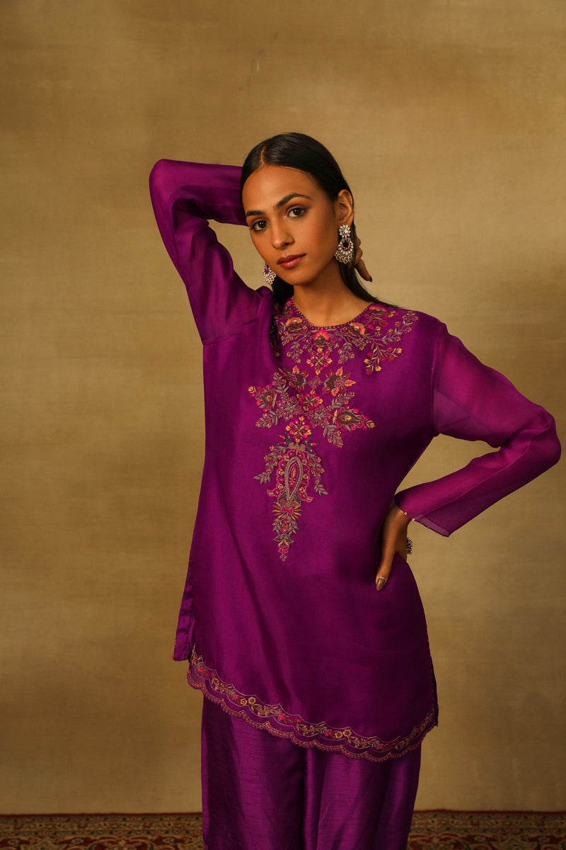 Purple short kurta with silk pleated pants