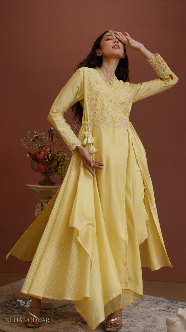 Lemon Meraki wrap Anarkali with pants