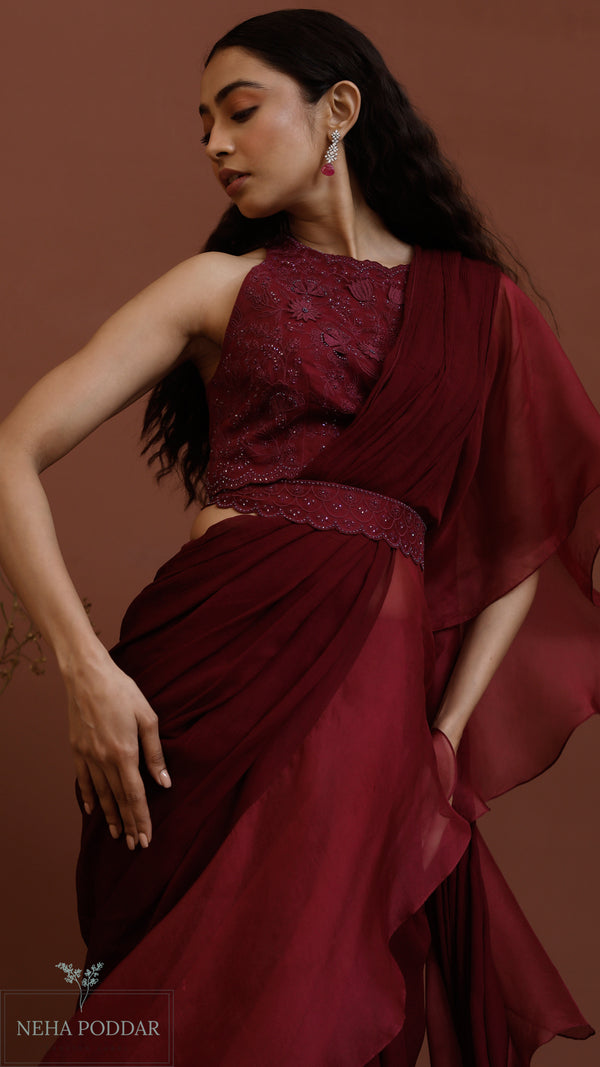 Wine draped saree with blouse and belt