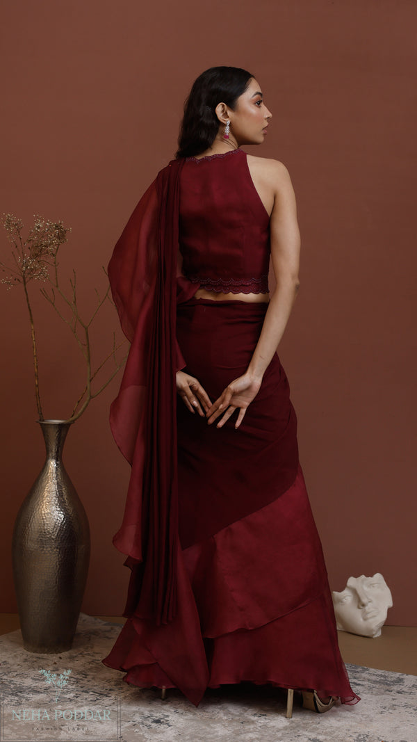 Wine draped saree with blouse and belt