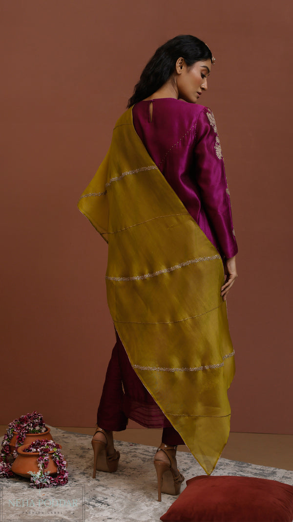 Purple round NT Kurta with pants and olive duppatta