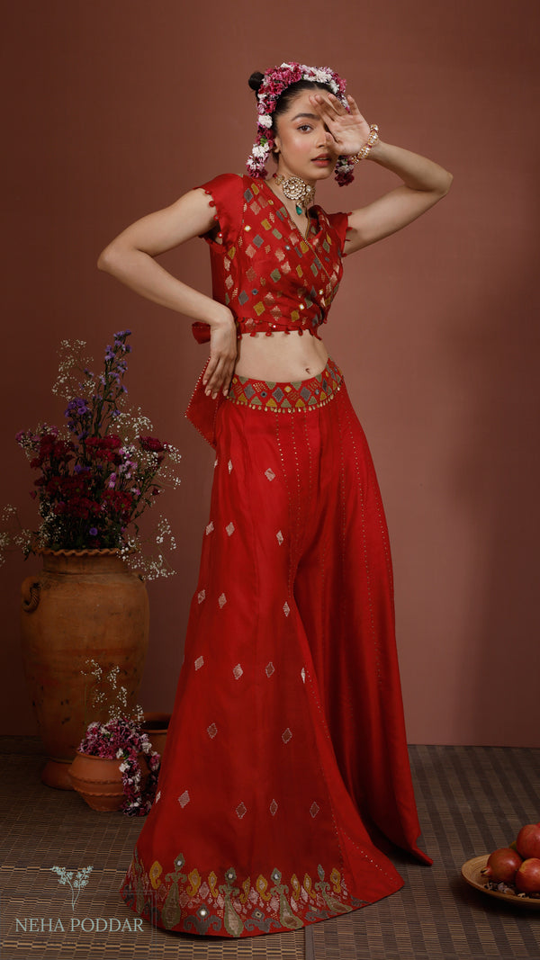 Red RC Wrap blouse with sharara set