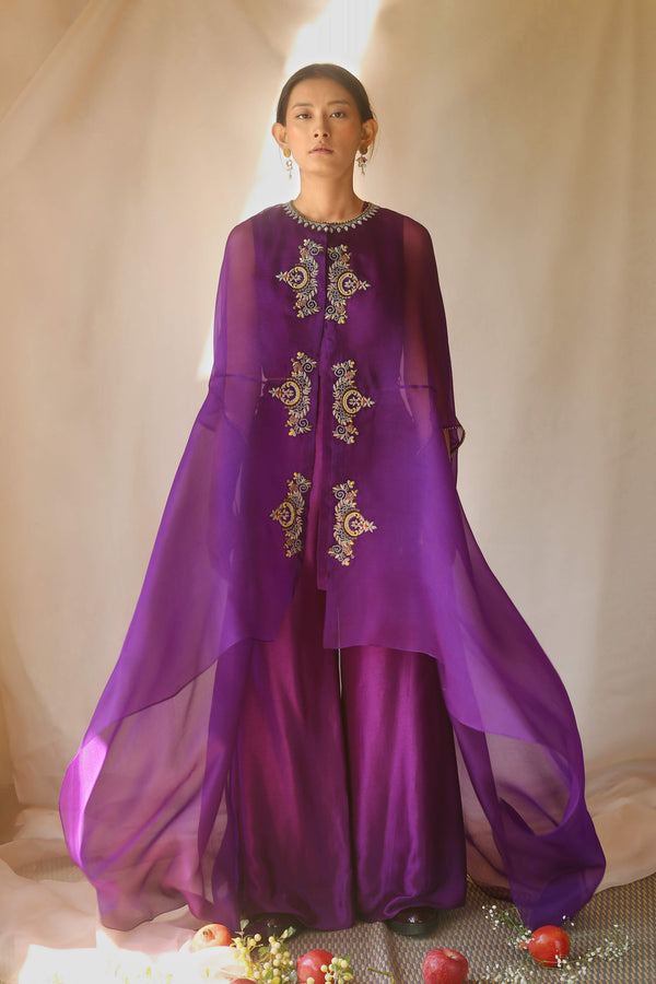 Purple organza cape with bustier and pants