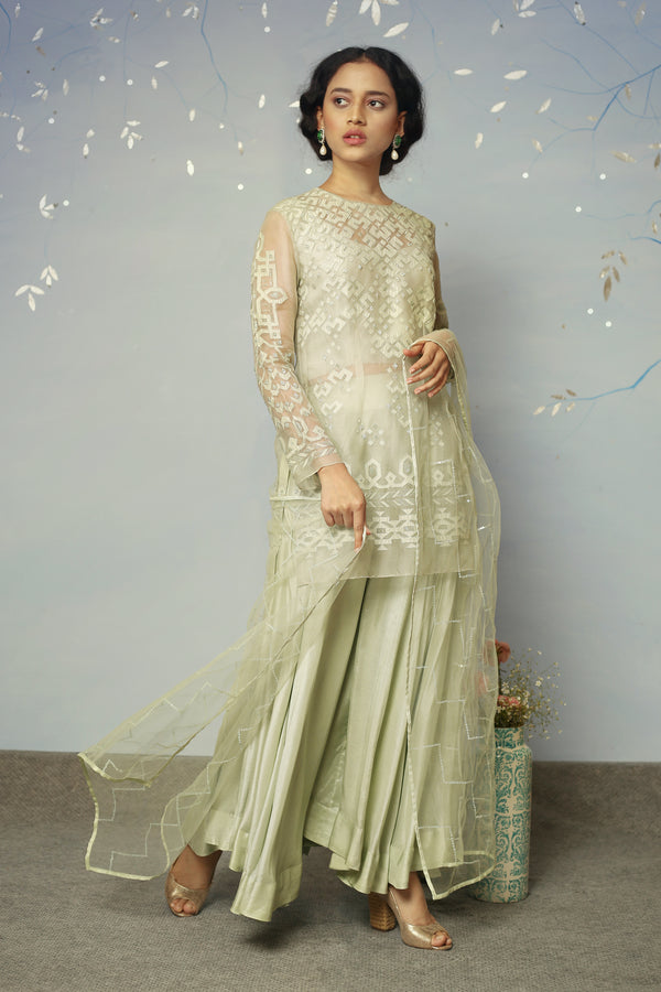 Aqua Applique short kurta with sharara and duppatta